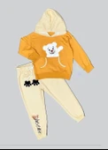 2-3-4 Yaş Pelüş Ayı Desenli Kapşonlu Uzun Kollu Penye Sweat 2li Erkek Çocuk Takımı Turuncu - 1