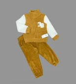 1-2-3 Yaş Kuzu Kumaş Fermuarlı Sweat Kadife Pantolonlu Uzun Kollu Kız Erkek Çocuk 2li Takım Hardal - 1