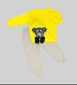 1-2-3 Yaş Filli Sallanan Ayak Desenli Likra Penye Kumaş Sweat Pantolonlu Kız Erkek 2li Çocuk Takımı Sarı - 1