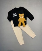 2-3-4 Yaş Ayıcık Sallanan Ayak Desenli Likra Penye Kumaş Sweat Pantolonlu Kız Erkek 2li Çocuk Takımı Siyah - 1