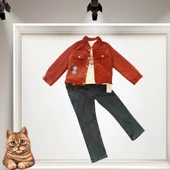 3-4-5 Yaş Fitilli Kadife Ceket Kot Pantolonlu 3lü Kız Erkek Çocuk Takımı Kiremit - 1