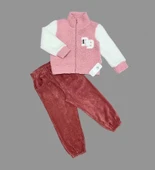 1-2-3 Yaş Kuzu Kumaş Fermuarlı Sweat Kadife Pantolonlu Uzun Kollu Kız Erkek Çocuk 2li Takım Gül Kurusu - 1