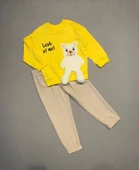 2-3-4 Yaş Ayıcık Sallanan Ayak Desenli Likra Penye Kumaş Sweat Pantolonlu Kız Erkek 2li Çocuk Takımı Sarı - 1