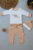3-6 6-9 9-12 Ay Full Star Nakışlı Şapkalı Uzun Kollu Sweat 3lü Erkek Bebek Takımı Buğday - 1
