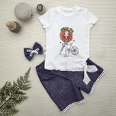 1-2-3 Yaş Bisikletli Kız Baskılı Bandanalı Kot Desenli Şort Kısa Kollu Tişört 3lü Kız Bebek Takımı Lacivert thumbnail 1