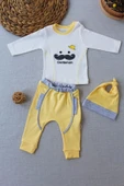 3-6 6-9 9-12 Ay Gentleman Erkek Nakışlı Şapkalı Uzun Kollu Sweat 3lü Erkek Bebek Takımı Sarı - 4