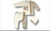 3-6 6-9 9-12 Ay Minik Sincap Nakışlı Şapkalı Uzun Kollu Sweatli 3lü Kız Bebek Takımı Kahverengi thumbnail 1