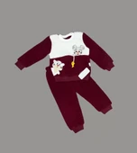 1-2-3 Yaş Sallanan Balık Nakışlı Kuzu Kumaş Sweat Pantolon Uzun Kollu Kız Erkek 2 Li Takımı Bordo - 1