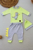 3-6 6-9 9-12 Ay Minik Dino Nakışlı Şapkalı Uzun Kollu Sweat 3lü Kız-erkek Bebek Takımı Yeşil - 1