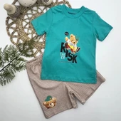 1-2-3 Yaş Kaykaycı Ayı Baskılı Şortlu Kısa Kollu Tişört 2li Erkek Bebek Takımı Turkuaz thumbnail 1