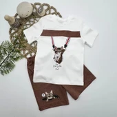 1-2-3 Yaş Fermuarlı Kedi Baskılı Şortlu Kısa Kollu Tişört 2li Erkek Bebek Takımı Kahverengi - 2
