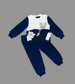 1-2-3 Yaş Sallanan Balık Nakışlı Kuzu Kumaş Sweat Pantolon Uzun Kollu Kız Erkek 2 Li Takımı Lacivert - 1