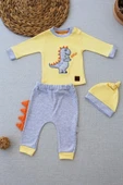 3-6 6-9 9-12 Ay Minik Dino Nakışlı Şapkalı Uzun Kollu Sweat 3lü Kız-erkek Bebek Takımı Sarı - 1