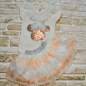 1-2-3 Yaş Payetli Mickey Nakışlı Kısa Kollu Brode Etekli 2li Kız Bebek Takımı Pudra - 1