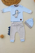 3-6 6-9 9-12 Ay Minik Dino Nakışlı Şapkalı Uzun Kollu Sweat 3lü Kız-erkek Bebek Takımı Mavi - 1