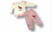3-6 6-9 9-12 Ay Flamingo Nakışlı Uzun Kollu Sweatli 2li Kız Bebek Takımı Ekru - 1