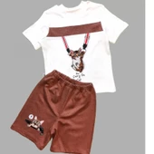 1-2-3 Yaş Fermuarlı Kedi Baskılı Şortlu Kısa Kollu Tişört 2li Erkek Bebek Takımı Kahverengi - 1