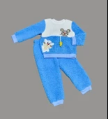 1-2-3 Yaş Sallanan Balık Nakışlı Kuzu Kumaş Sweat Pantolon Uzun Kollu Kız Erkek 2 Li Takımı Saks Mavisi - 1