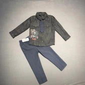 3-4-5 Yaş Kravatlı Keten Gömlek Gabardin Pantolon Uzun Kollu 3lü Erkek Çocuk Takımı Füme - 1