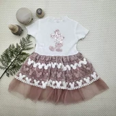 1-2-3 Yaş Payetli Mickey Baskılı Brode Etekli Kız Bebek Elbisesi Gül Kurusu thumbnail 1