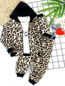 2-3-4-5 Yaş Kapşonlu Leopar Desenli Sweatli 3lü Kız Çocuk Takımı Kahverengi - 1