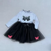 5-6-7 Yaş Taşlı Kelebek Desenli Kurdela Kuşaklı Astarlı Kız Çocuk Tütü Elbise Siyah - 1