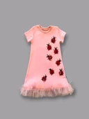 1-2-3 Yaş Uğur Böceği Nakışlı Fırfır Uçlu Kız Çocuk Jile Elbisesi Pudra - 2