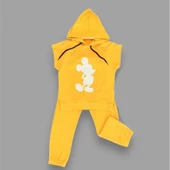 3-4-5 Yaş Kapşonlu Payetli Mickey Desenli Kısa Kol 2li Kız Erkek Çocuk Takımı Sarı - 2