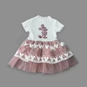 1-2-3 Yaş Payetli Mickey Baskılı Brode Etekli Kız Bebek Elbisesi Gül Kurusu thumbnail 2