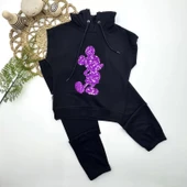 3-4-5 Yaş Kapşonlu Payetli Mickey Desenli Kısa Kol 2li Kız Erkek Çocuk Takımı Siyah - 1