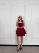 Fırfırlı Askılı Mini Elbise - Bordo - 4