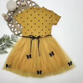 5-6-7 Yaş Puantiyeli Kelebek Etekli Astarlı Kız Çocuk Elbisesi Hardal - 1