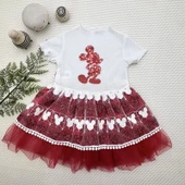 1-2-3 Yaş Payetli Mickey Baskılı Brode Etekli Kız Bebek Elbisesi Kırmızı - 1