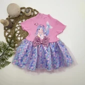 1-2-3 Yaş Denizkızı Baskılı Pul Desen Etekli Kız Bebek Elbisesi Pembe - 1