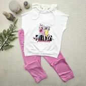 3-4-5 Yaş Forever Cici Kızlar Baskılı Kapşonlu 2li Kız Çocuk Takımı Pembe thumbnail 1