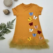 1-2-3 Yaş Renkli Kelebekler Nakışlı Eteği Fırfırlı Jile Çocuk Elbisesi Turuncu - 1