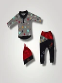 6-9 12-18 18-24 Ay Samanyolu Yıldızlar Baskılı Uzun Kollu Sweat Şapkalı 3lü Kız Erkek Bebek Takımı Lacivert - 1