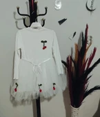 5-6-7 Yaş Kiraz Desenli Kurdela Kuşaklı Astarlı Uzun Kollu Kız Çocuk Tütü Elbise Beyaz - 4