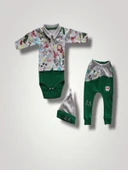 6-9 12-18 18-24 Ay Power Kedi Nakışlı Uzun Kollu Zıbınlı Şapkalı 3lü Kız Erkek Bebek Takımı Yeşil - 1