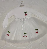 5-6-7 Yaş Kiraz Desenli Kurdela Kuşaklı Astarlı Uzun Kollu Kız Çocuk Tütü Elbise Beyaz - 2