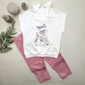 3-4-5 Yaş Kapşonlu Sevimli Kız Baskılı Kısa Kolu 2li Kız Erkek Çocuk Takımı Gül Kurusu - 1