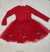 5-6-7 Yaş Kiraz Desenli Kurdela Kuşaklı Astarlı Uzun Kollu Kız Çocuk Tütü Elbise Kırmızı - 2