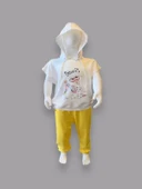 3-4-5 Yaş Kapşonlu Sevimli Kız Baskılı Kısa Kolu 2li Kız Erkek Çocuk Takımı Sarı - 3