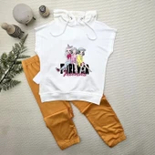 3-4-5 Yaş Forever Cici Kızlar Baskılı Kapşonlu 2li Kız Çocuk Takımı Turuncu - 1