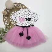 1-2-3 Yaş Payetli Kalp Me Baskılı Kız Bebek Elbisesi Pembe - 1