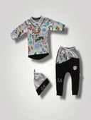 6-9 12-18 18-24 Ay Power Kedi Nakışlı Uzun Kollu Sweat Şapkalı 3lü Kız Erkek Bebek Takımı Siyah - 1