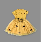 5-6-7 Yaş Puantiyeli Kelebek Etekli Astarlı Kız Çocuk Elbisesi Hardal - 2