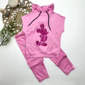 3-4-5 Yaş Kapşonlu Payetli Mickey Desenli Kısa Kol 2li Kız Erkek Çocuk Takımı Pembe - 1