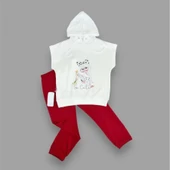 3-4-5 Yaş Kapşonlu Sevimli Kız Baskılı Kısa Kolu 2li Kız Erkek Çocuk Takımı Kırmızı - 2