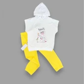 3-4-5 Yaş Kapşonlu Sevimli Kız Baskılı Kısa Kolu 2li Kız Erkek Çocuk Takımı Sarı - 2